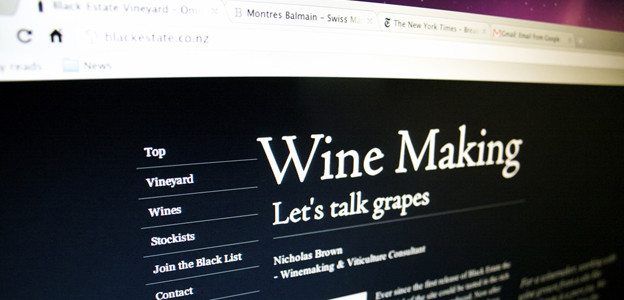 Photo of the Black Estate Vineyard website as displayed by Google Chrome on an LCD screen