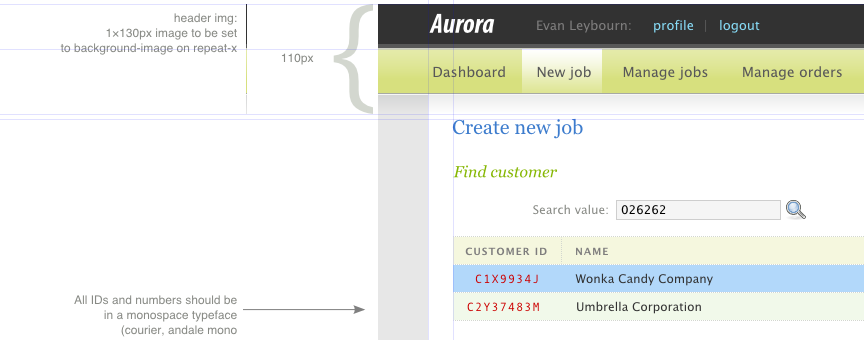 Aurora job/ticketing system header grid